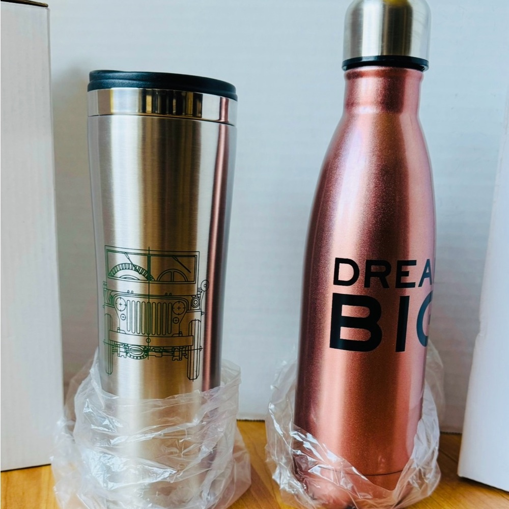 💚💚 NWB Set of 2: ‘Dream Big’ Rose Gold Thermos & Jeep Stainless Steel Tumbler